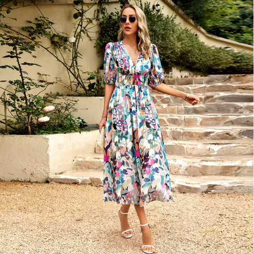 Printed V-Neck Summer Dress